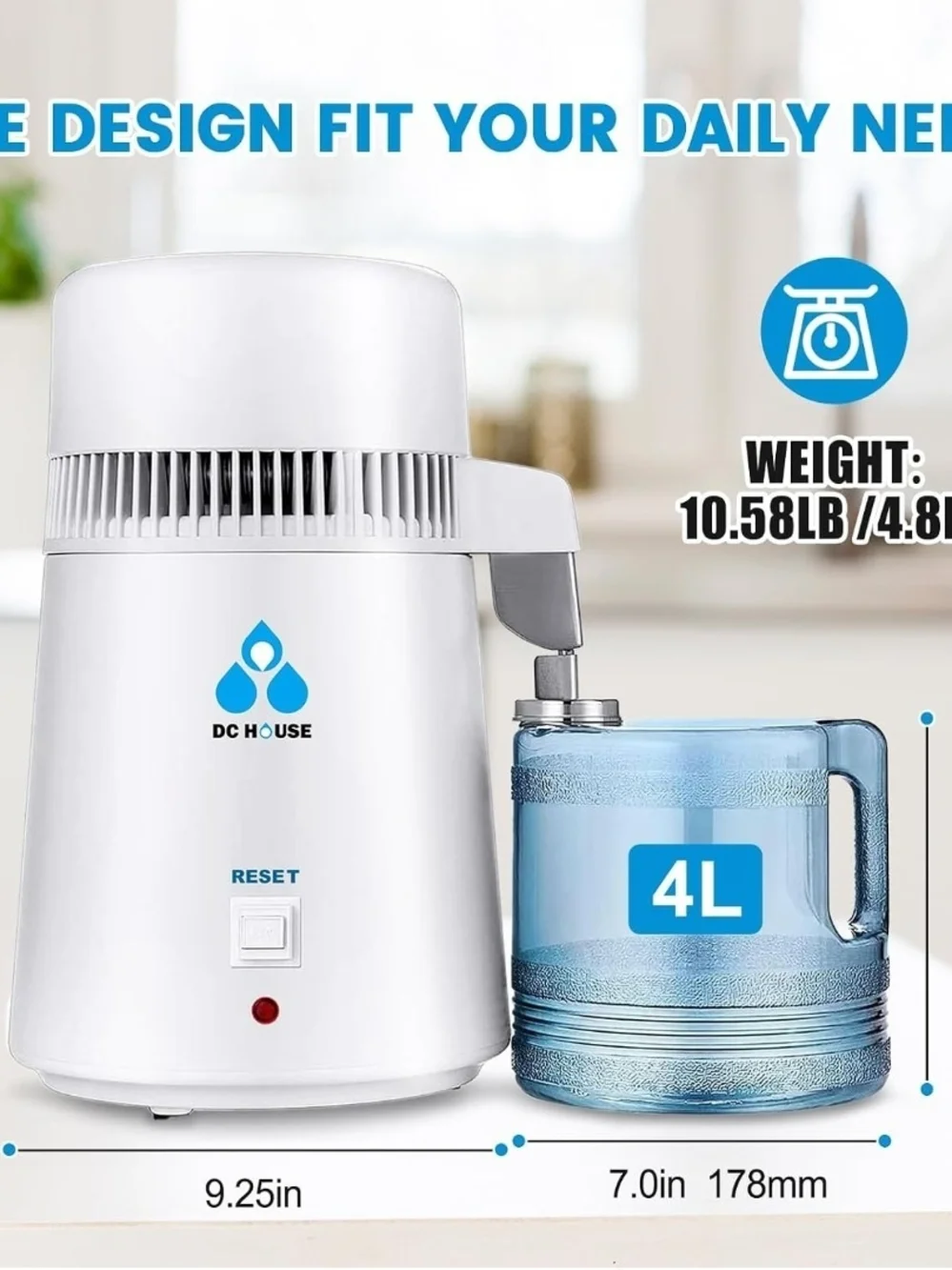 DC HOUSE 4L 1 Gallon Water Distiller 750W Countertop Stainless Steel Distilled